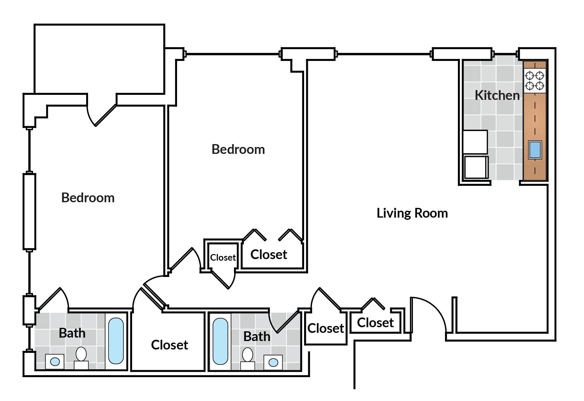 Floor plan for 2 beds, 2 baths, 1234 sqft